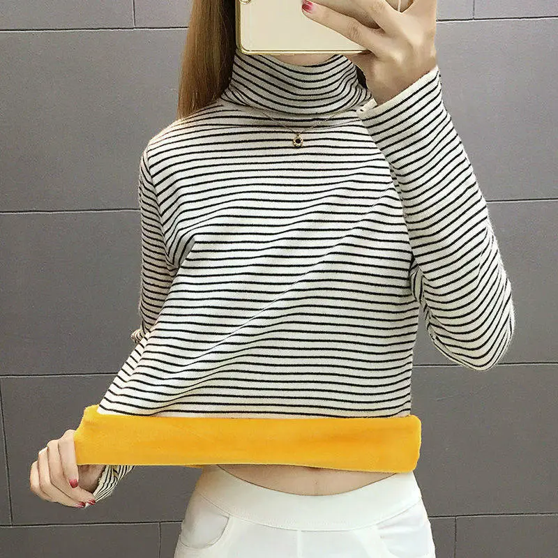 Women's Velvet Padded Striped High Collar Top - Image 4