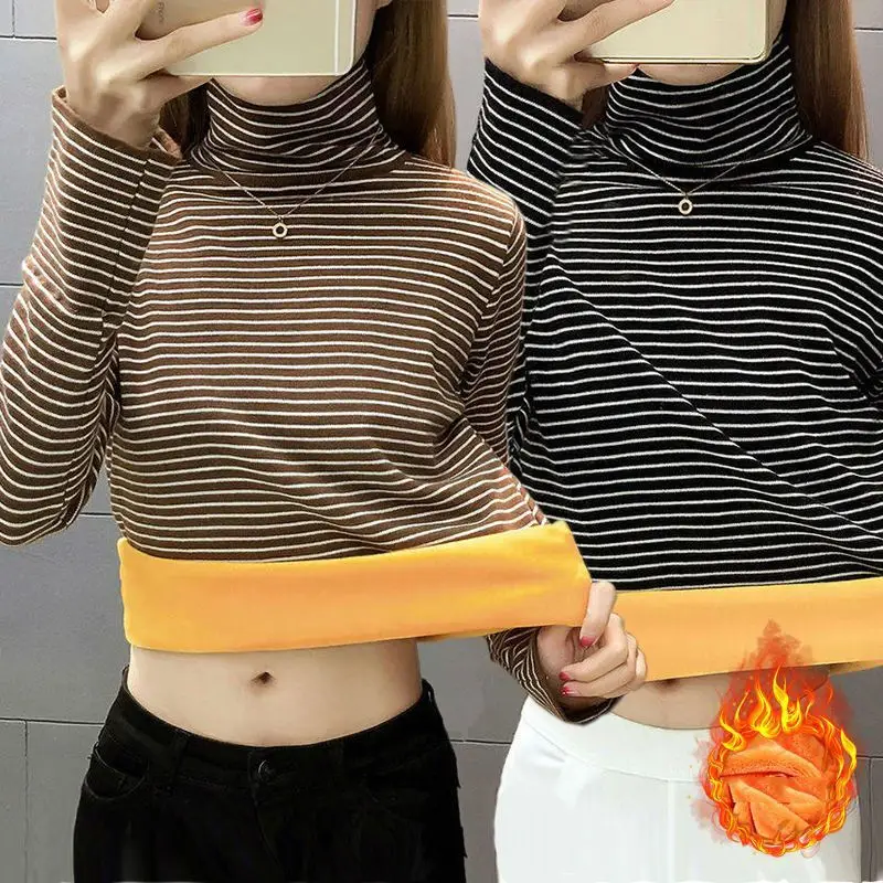 Women's Velvet Padded Striped High Collar Top - Image 5