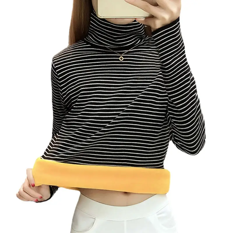 Women's Velvet Padded Striped High Collar Top - Image 6