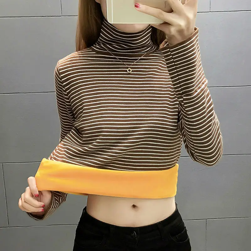 Women's Velvet Padded Striped High Collar Top — feature 2