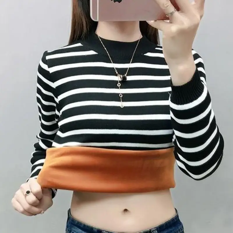 Fleece Lined Warm Shirt for Women Striped Long Sleeve