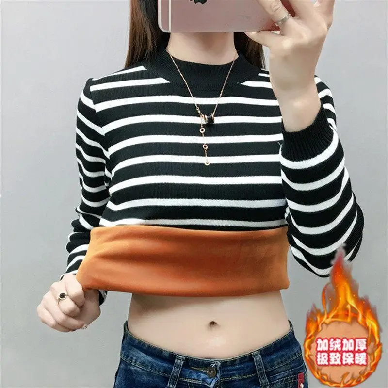 Fleece Lined Warm Shirt for Women Striped Long Sleeve