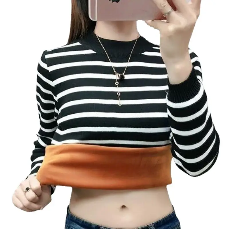 Fleece Lined Warm Shirt for Women Striped Long Sleeve