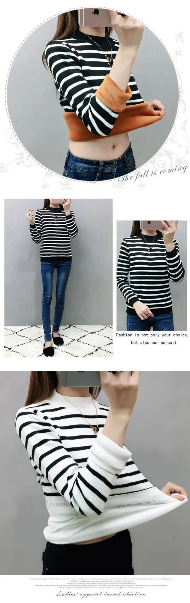 Fleece Lined Warm Shirt for Women Striped Long Sleeve — feature 1