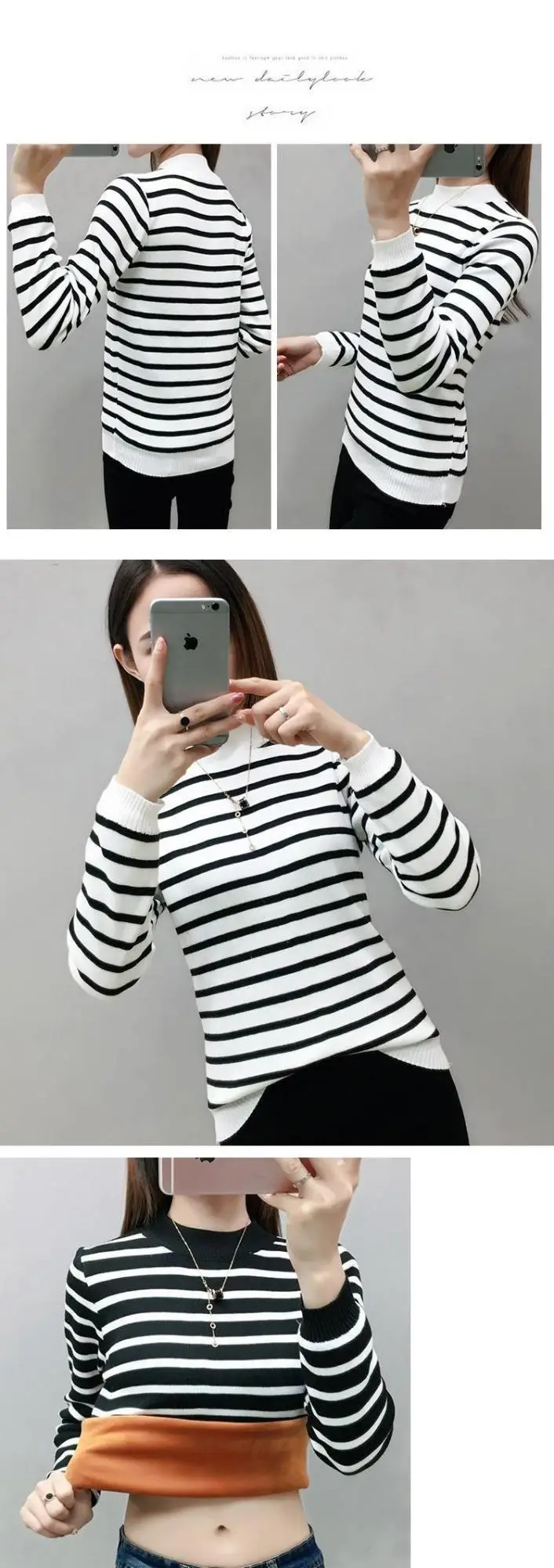 Fleece Lined Warm Shirt for Women Striped Long Sleeve — feature 2