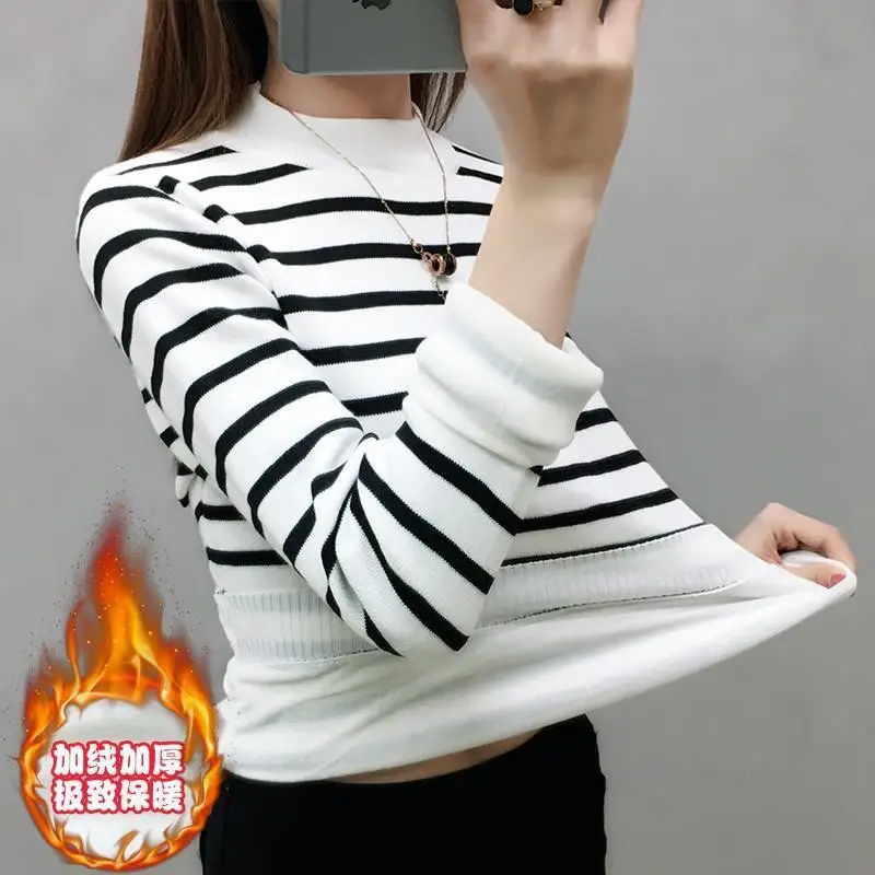 Fleece Lined Warm Shirt for Women Striped Long Sleeve