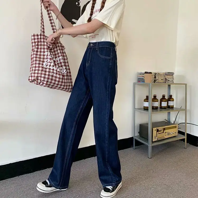 Women Dark Blue Wide Leg Pants High Waist 2026