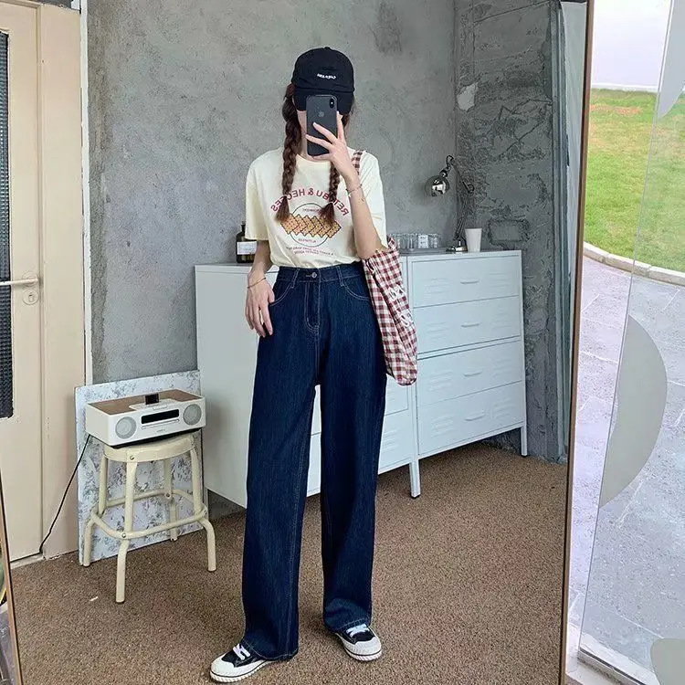 Women Dark Blue Wide Leg Pants High Waist 2026