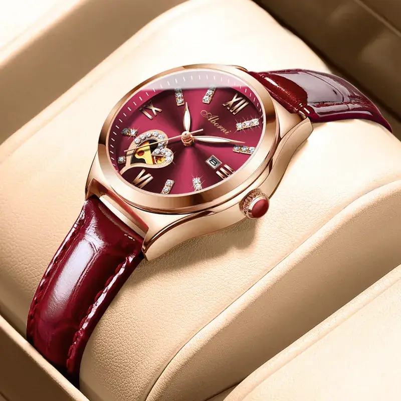 Women's Red Leather Hollow Watch Quartz with Date Display - Image 3
