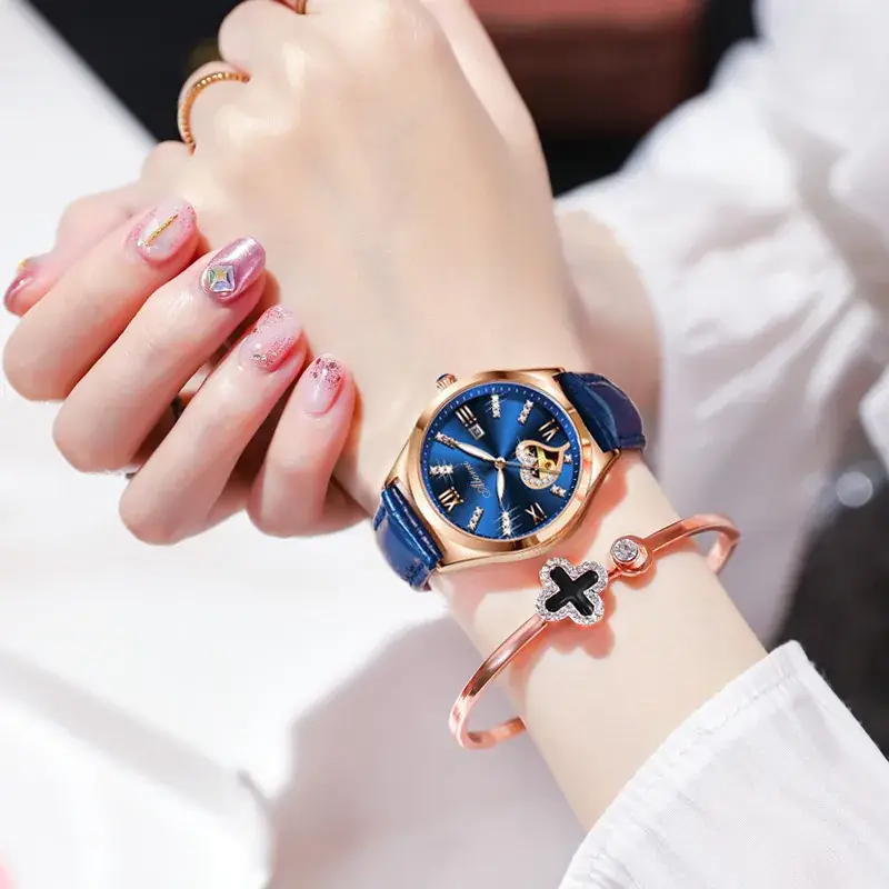 Women's Red Leather Hollow Watch Quartz with Date Display - Image 5