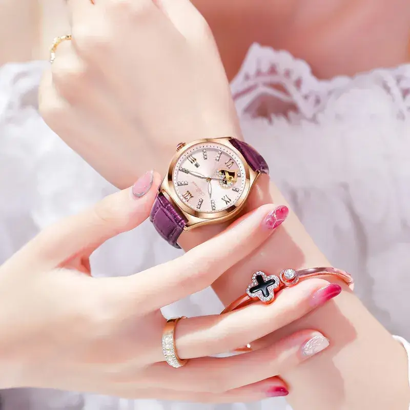 Women's Red Leather Hollow Watch Quartz with Date Display - Image 6