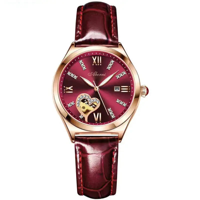 Women's Red Leather Hollow Watch Quartz with Date Display - Image 7