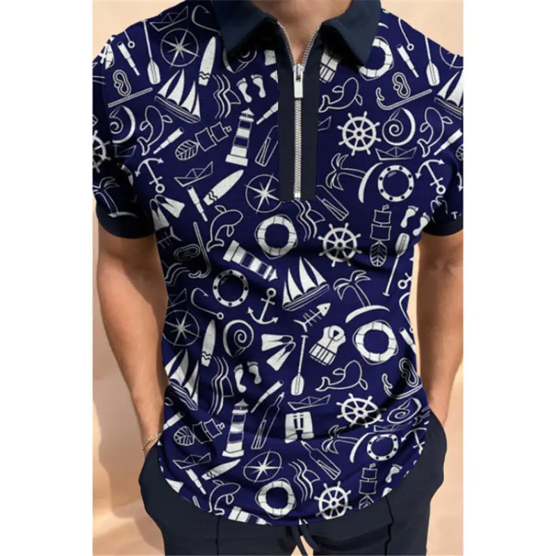 2025 Men's Geometric Print Polo Shirt Blue Purple