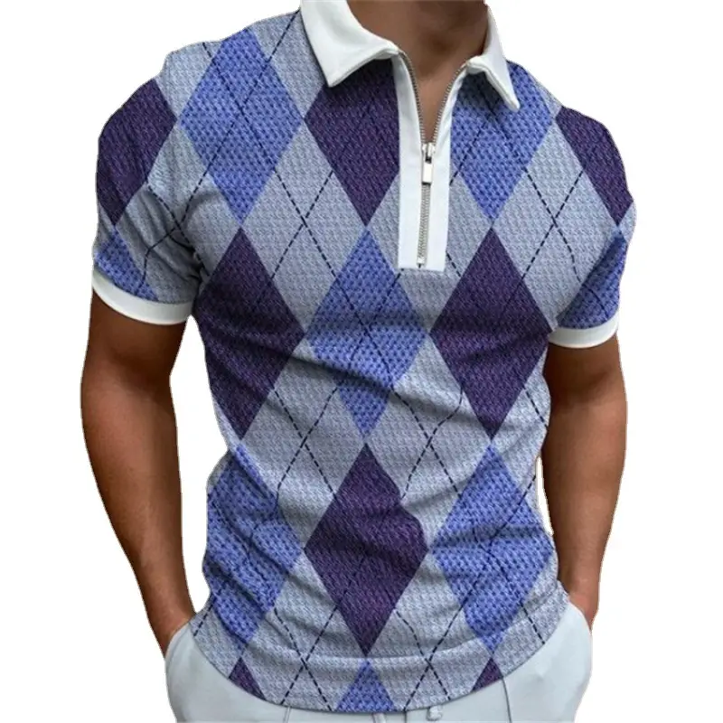 2025 Men's Geometric Print Polo Shirt Blue Purple