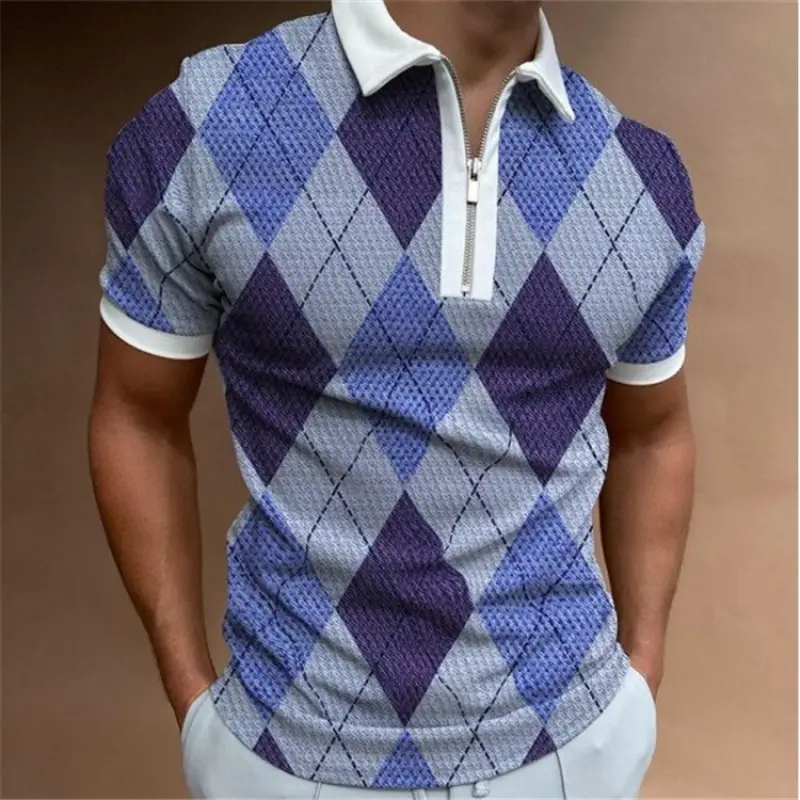 2025 Men's Geometric Print Polo Shirt Blue Purple