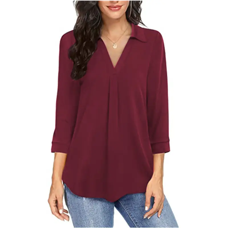 2021 V-Neck Chiffon Women's Pullover Top Blue Green Black Maroon - Image 4