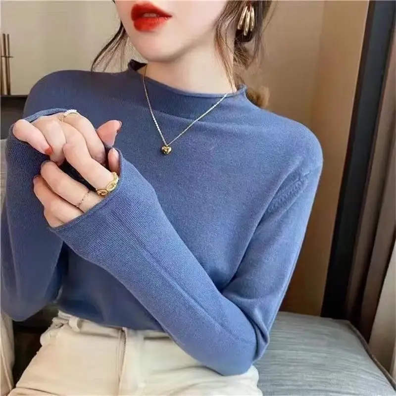 Women Half Turtleneck Shirt with Knitted Sleeve Winter Wear - Image 11