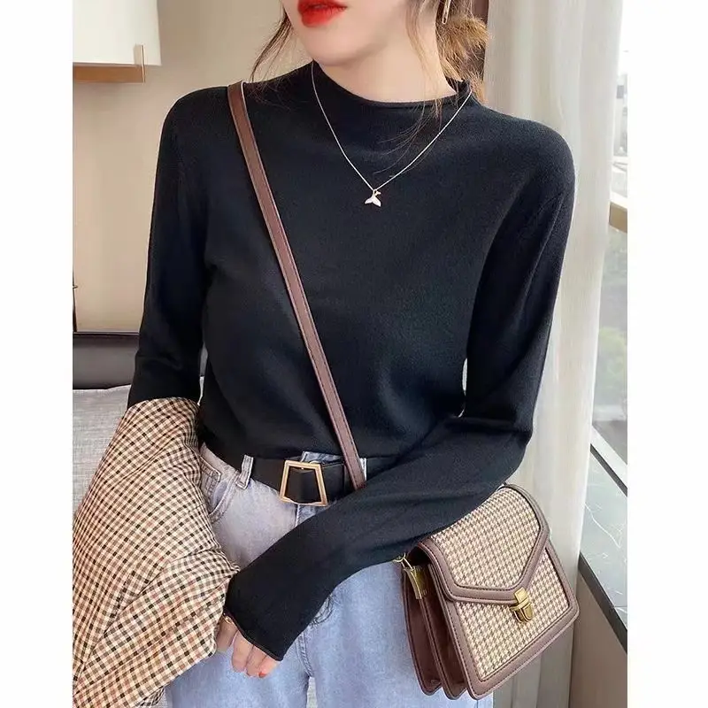 Women Half Turtleneck Shirt with Knitted Sleeve Winter Wear - Image 12