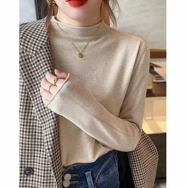 Women Half Turtleneck Shirt with Knitted Sleeve Winter Wear - Image 2