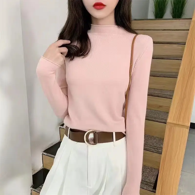 Women Half Turtleneck Shirt with Knitted Sleeve Winter Wear - Image 6