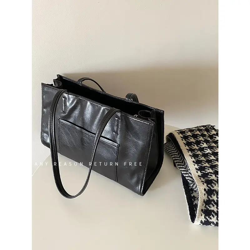 Women's Black Leather Shoulder Bag Large Capacity All-Match