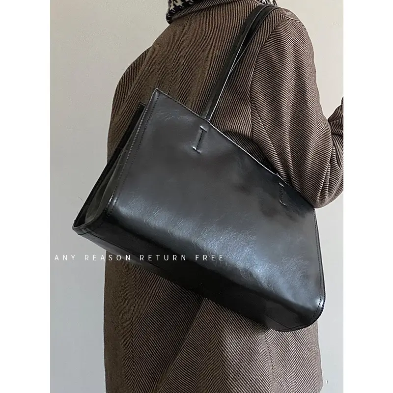 Women's Black Leather Shoulder Bag Large Capacity All-Match