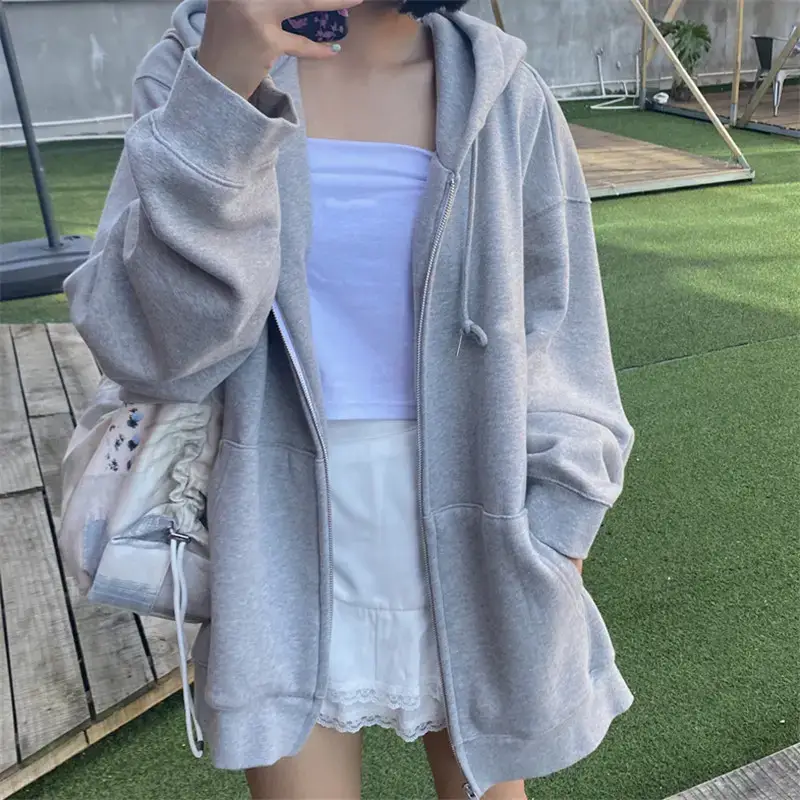 Women Grey Hooded Fleece Zipper Jacket Spring Autumn - Image 6