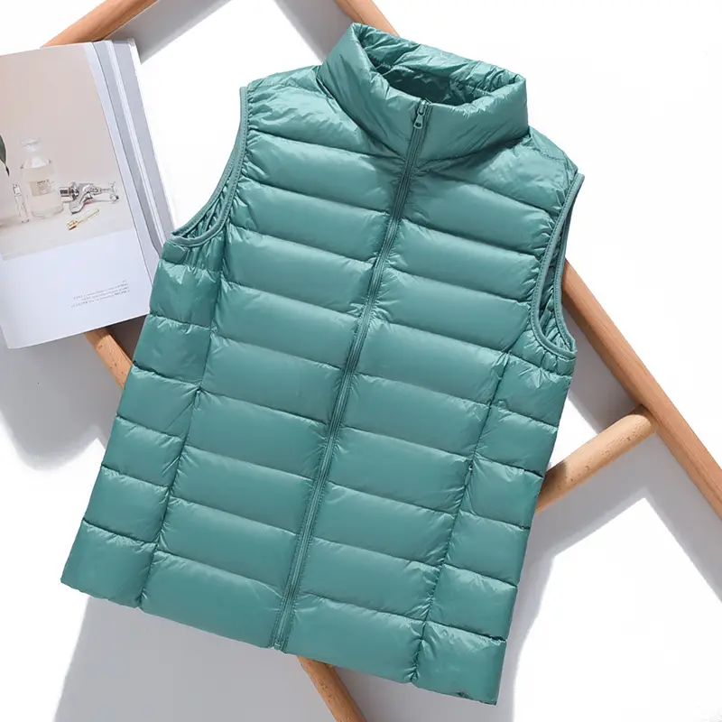 Women Green Down Vest Slim Fit Short Collar Autumn Winter - Image 10