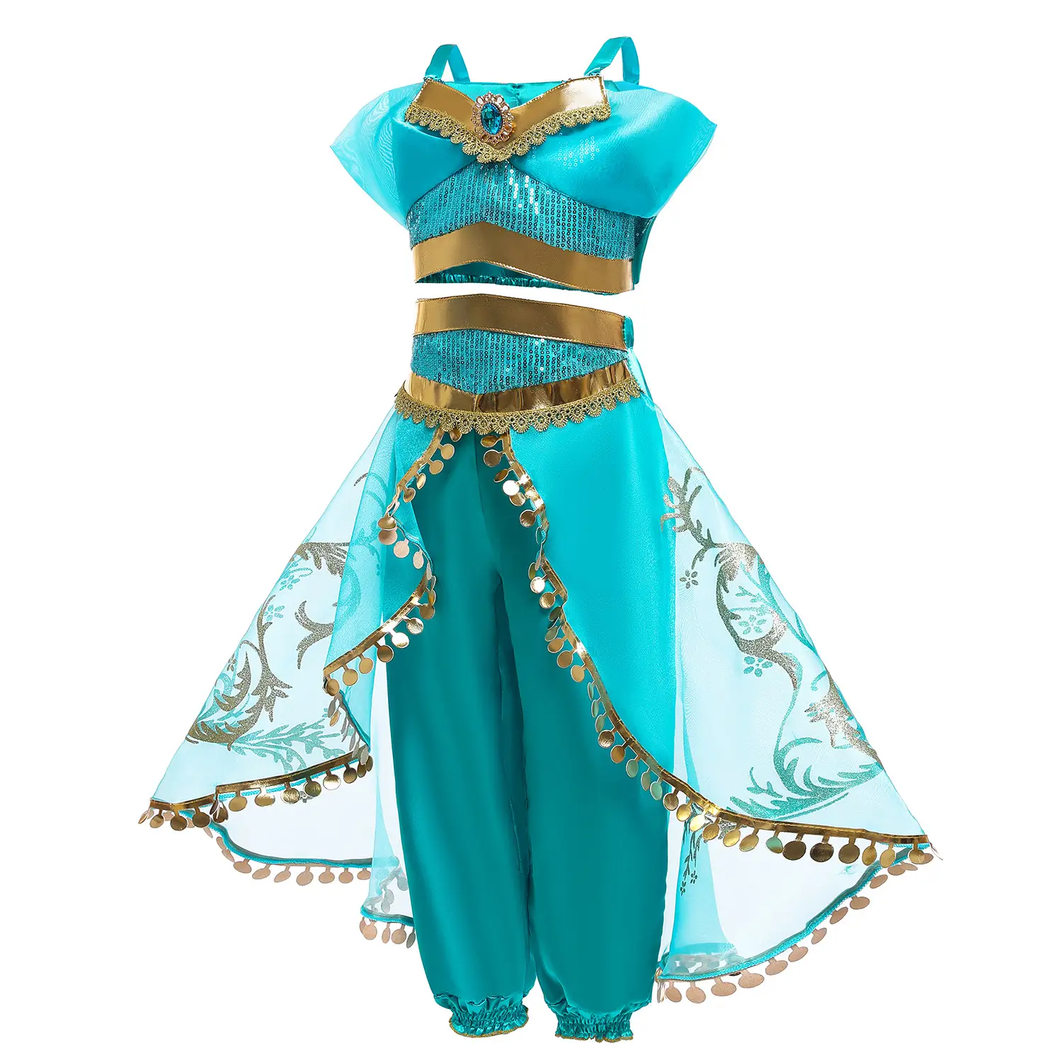 Jasmine Princess Dress for Girls Blue Gold Embroidered - Image 3