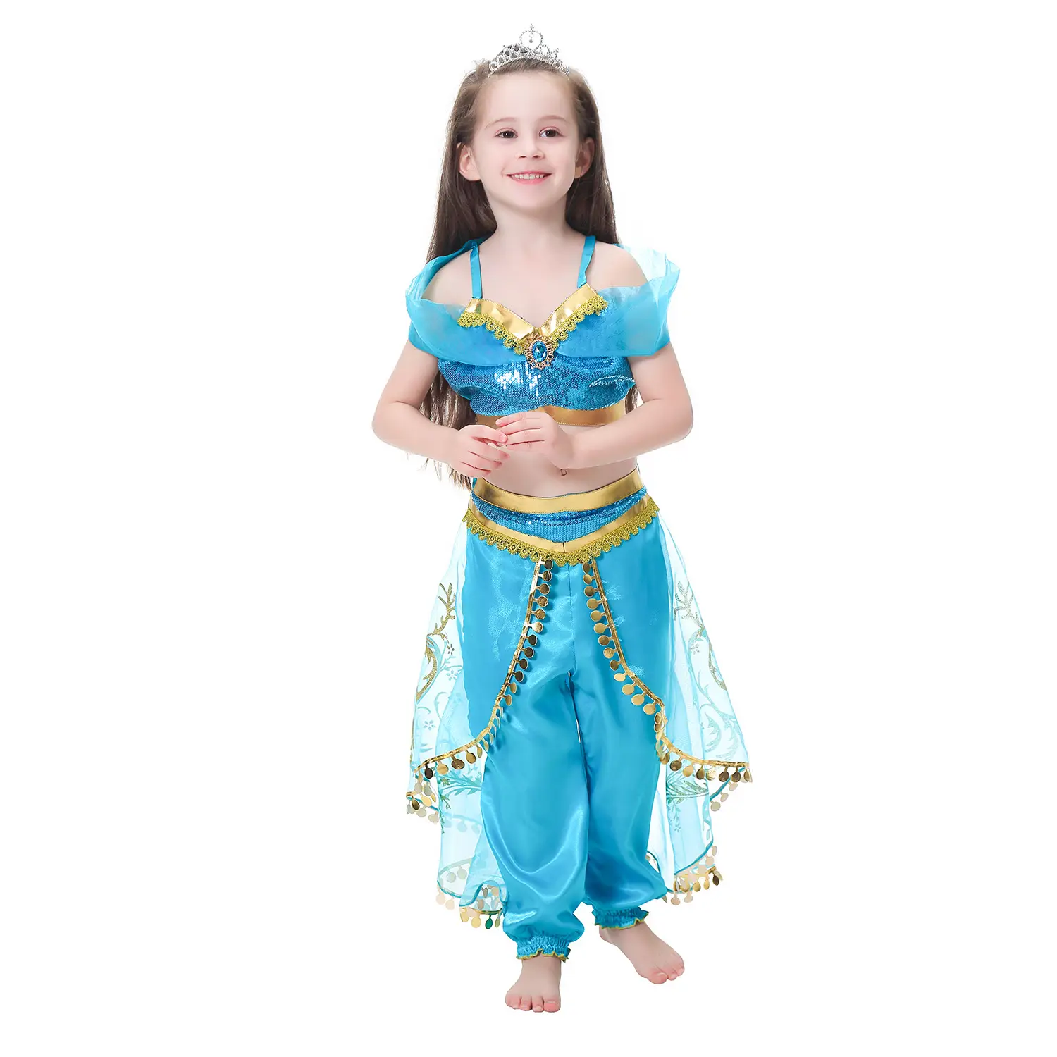 Jasmine Princess Dress for Girls Blue Gold Embroidered — feature 10