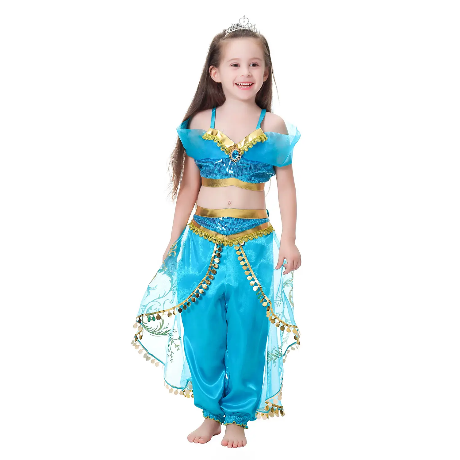 Jasmine Princess Dress for Girls Blue Gold Embroidered — feature 11