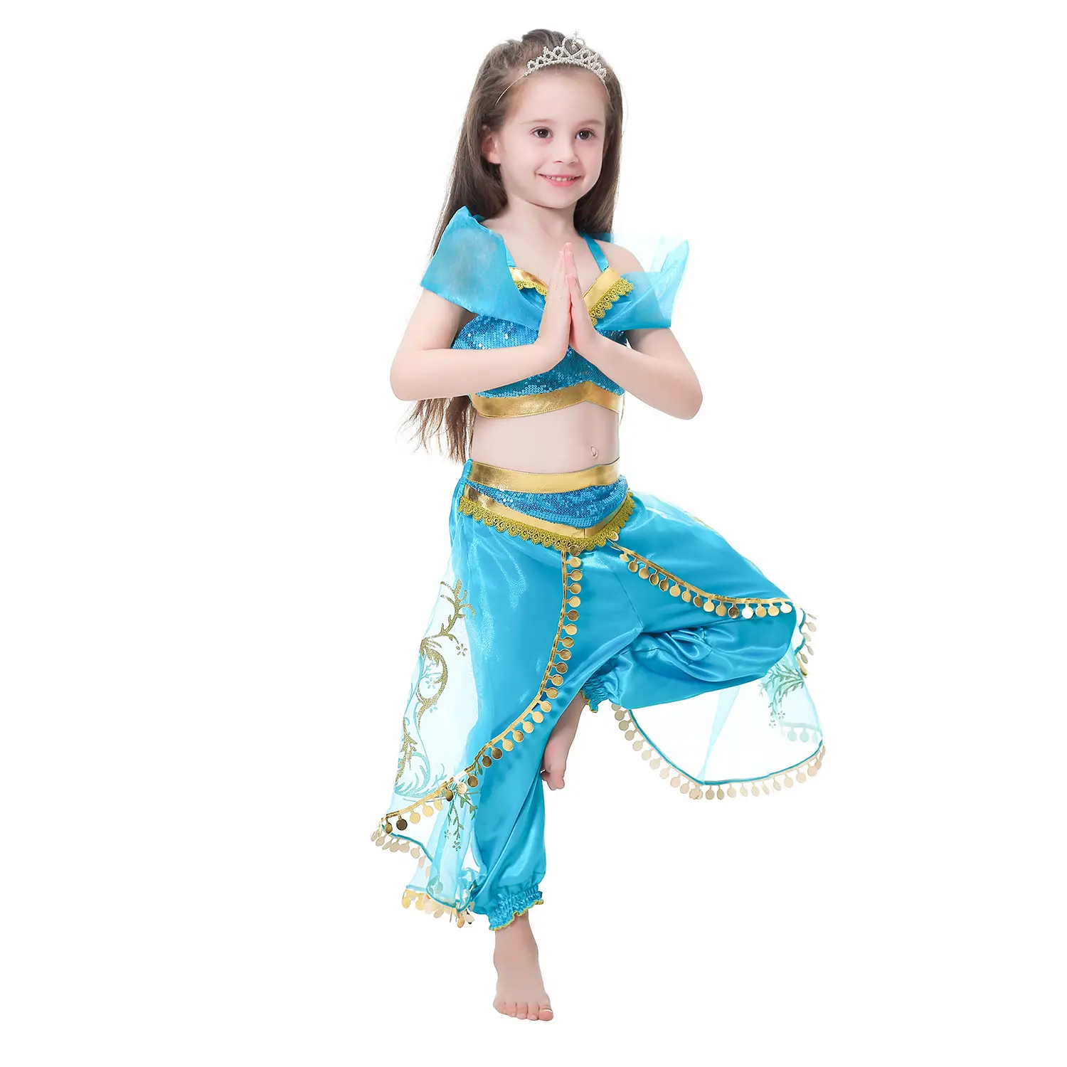 Jasmine Princess Dress for Girls Blue Gold Embroidered — feature 13