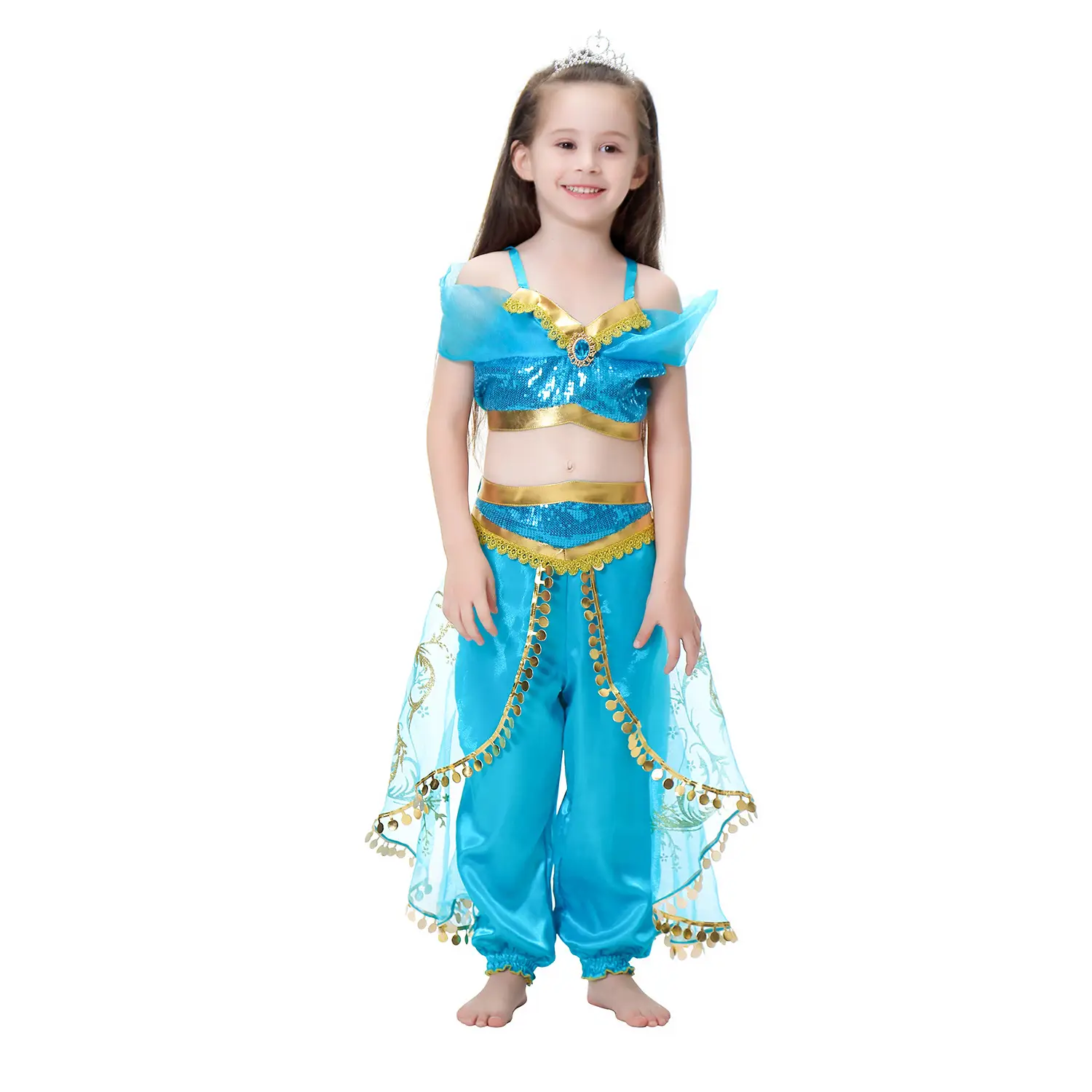 Jasmine Princess Dress for Girls Blue Gold Embroidered — feature 14