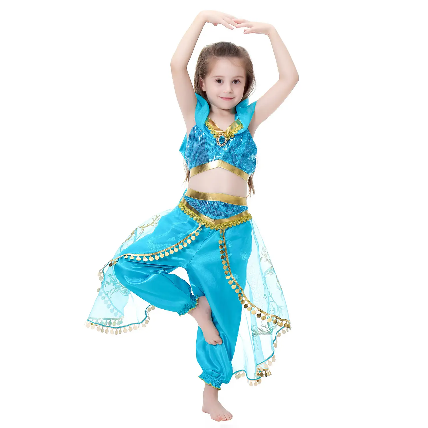 Jasmine Princess Dress for Girls Blue Gold Embroidered — feature 15