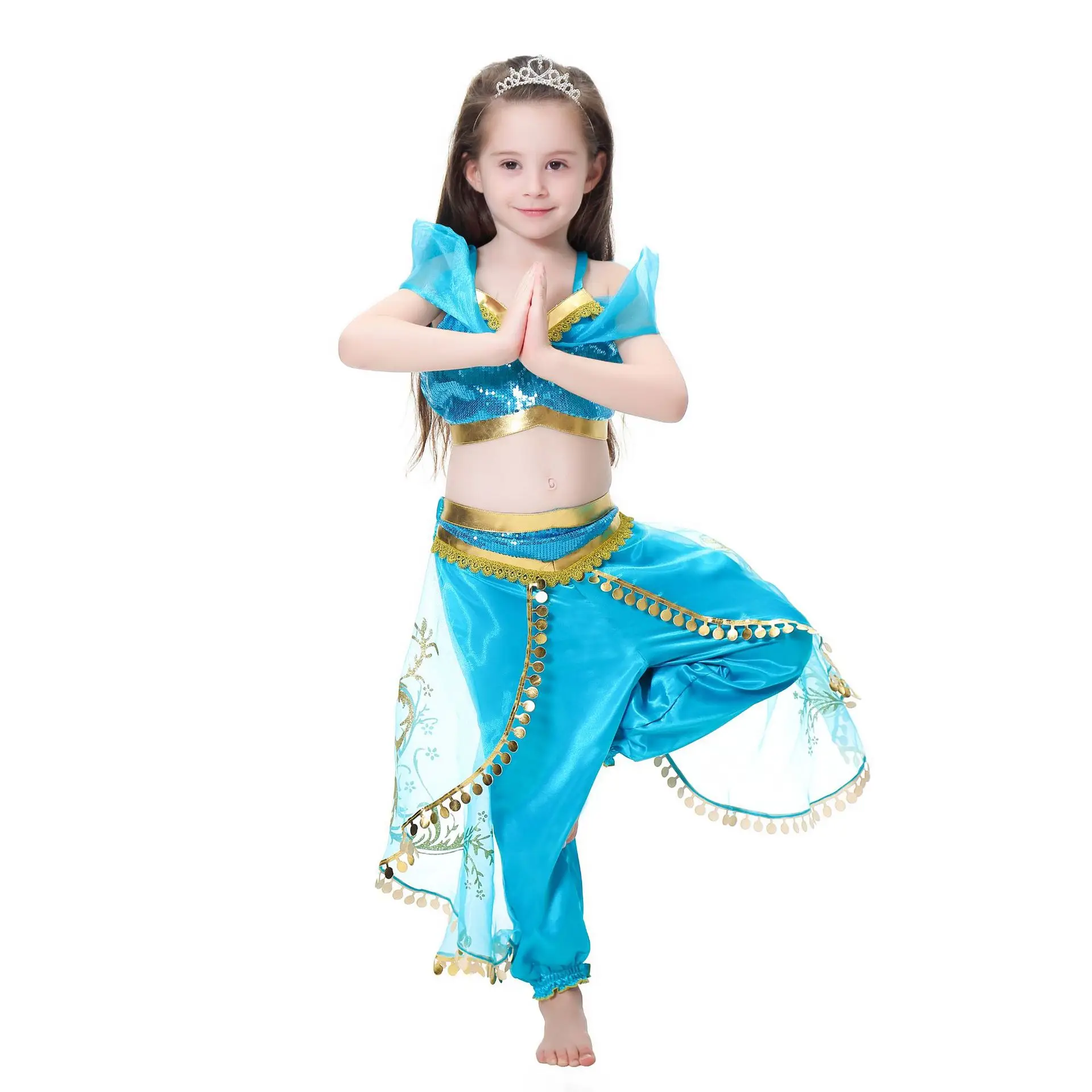 Jasmine Princess Dress for Girls Blue Gold Embroidered — feature 16