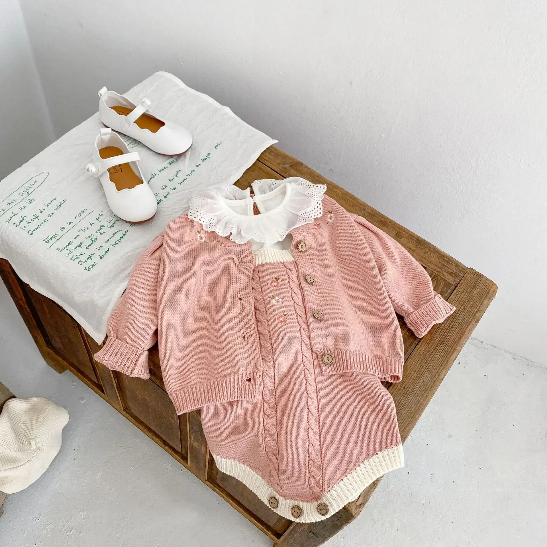 Pink Knitted Embroidered Baby Suit for Girls - Image 2