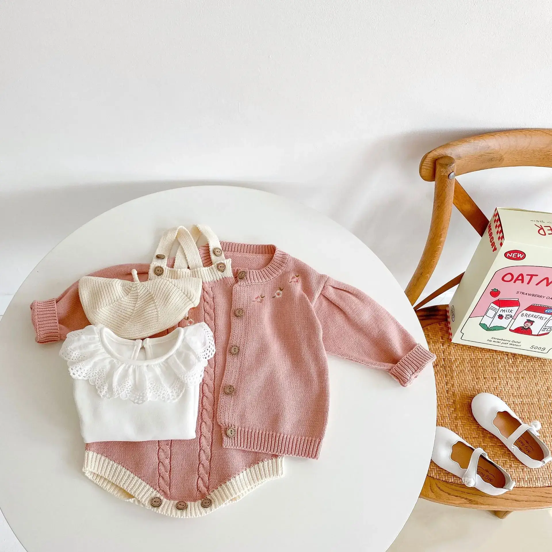 Pink Knitted Embroidered Baby Suit for Girls - Image 3