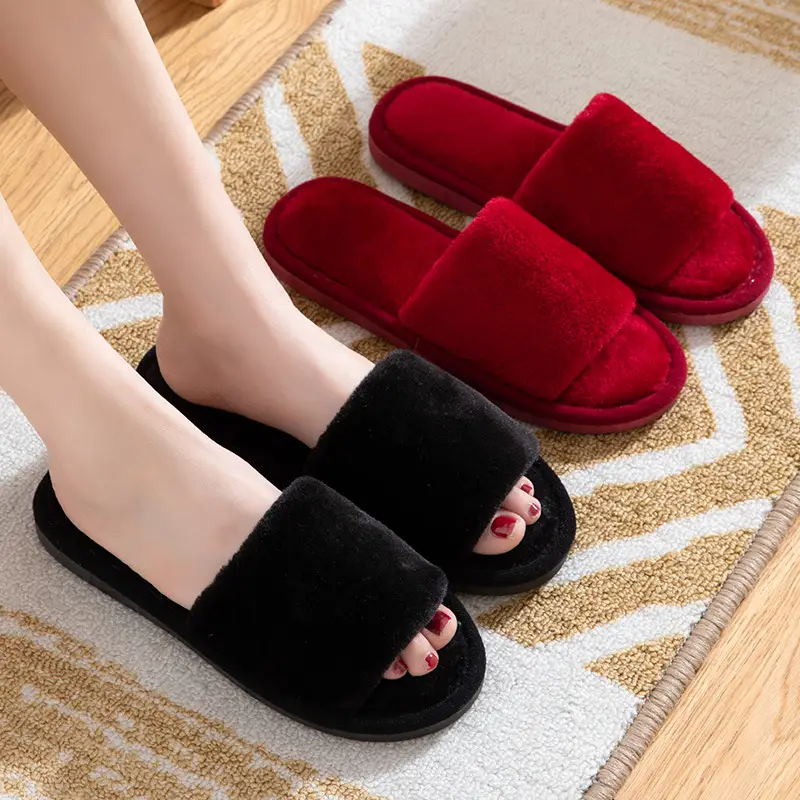 Cross-border autumn and winter home warm one-word Mao Mao open slippers women's Korean-style indoor home slip-resistant cotton slippers
