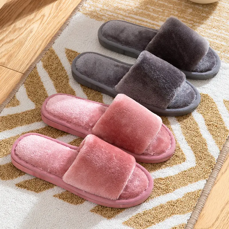 Cross-border autumn and winter home warm one-word Mao Mao open slippers women's Korean-style indoor home slip-resistant cotton slippers