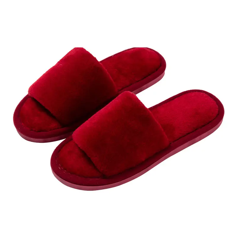 Cross-border autumn and winter home warm one-word Mao Mao open slippers women's Korean-style indoor home slip-resistant cotton slippers