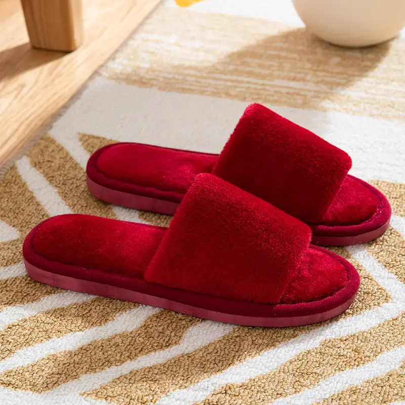 Cross-border autumn and winter home warm one-word Mao Mao open slippers women's Korean-style indoor home slip-resistant cotton slippers