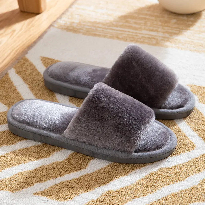 Cross-border autumn and winter home warm one-word Mao Mao open slippers women's Korean-style indoor home slip-resistant cotton slippers