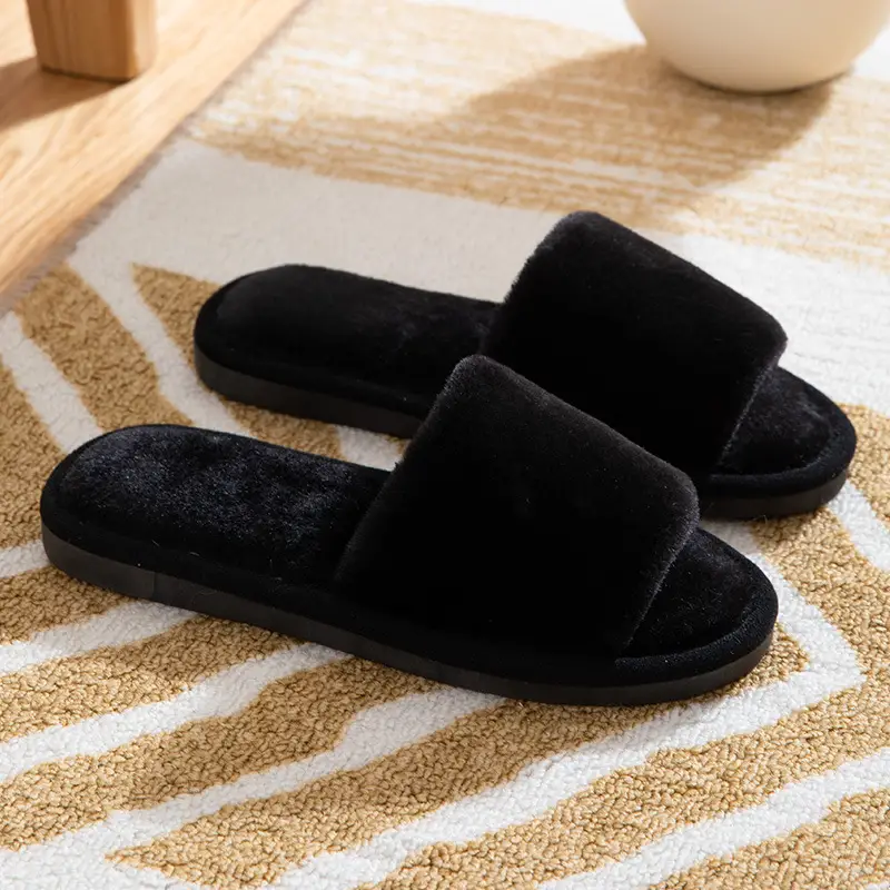 Cross-border autumn and winter home warm one-word Mao Mao open slippers women's Korean-style indoor home slip-resistant cotton slippers