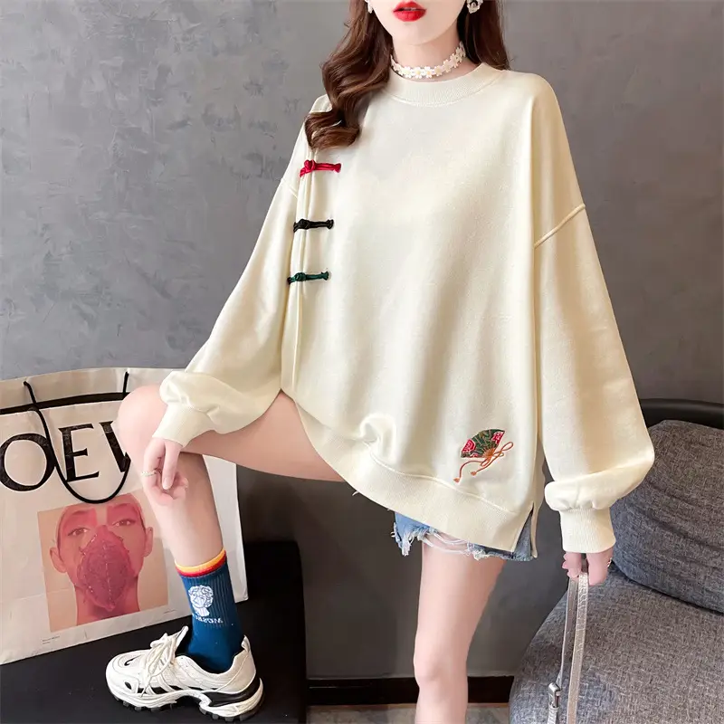 Women Korean Style Loose Sweater Cream Large Lazy Embroidered - Image 2