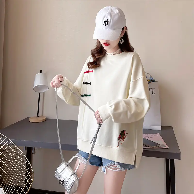Women Korean Style Loose Sweater Cream Large Lazy Embroidered - Image 3