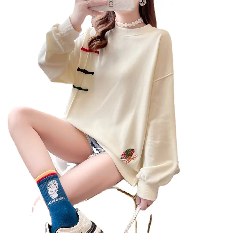 Women Korean Style Loose Sweater Cream Large Lazy Embroidered - Image 5