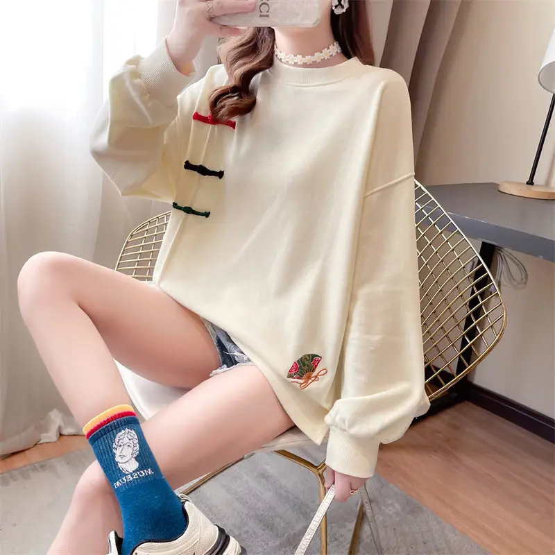 Women Korean Style Loose Sweater Cream Large Lazy Embroidered — feature 9