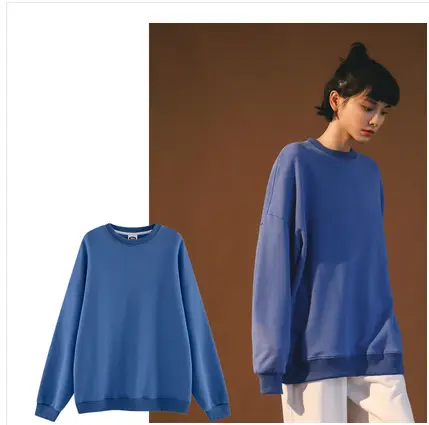 Women Blue Crewneck Sweatshirt 280g Cotton Long Sleeve - Image 3