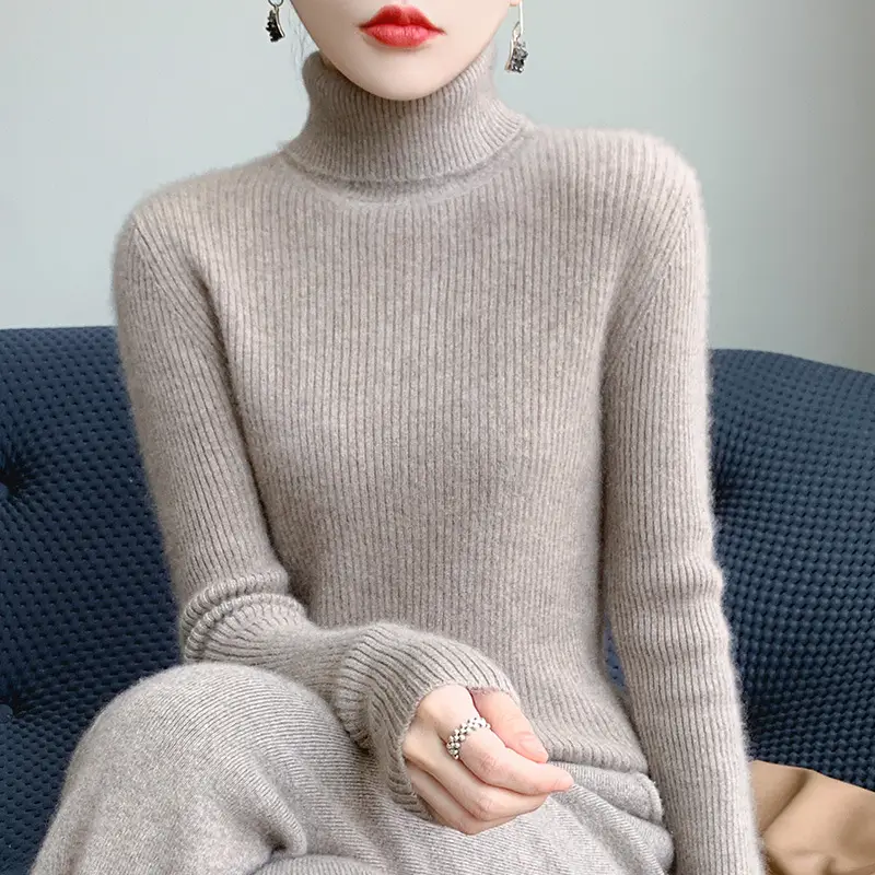 Women's New High Neck Knitted Sweater Grey Solid Color - Image 25