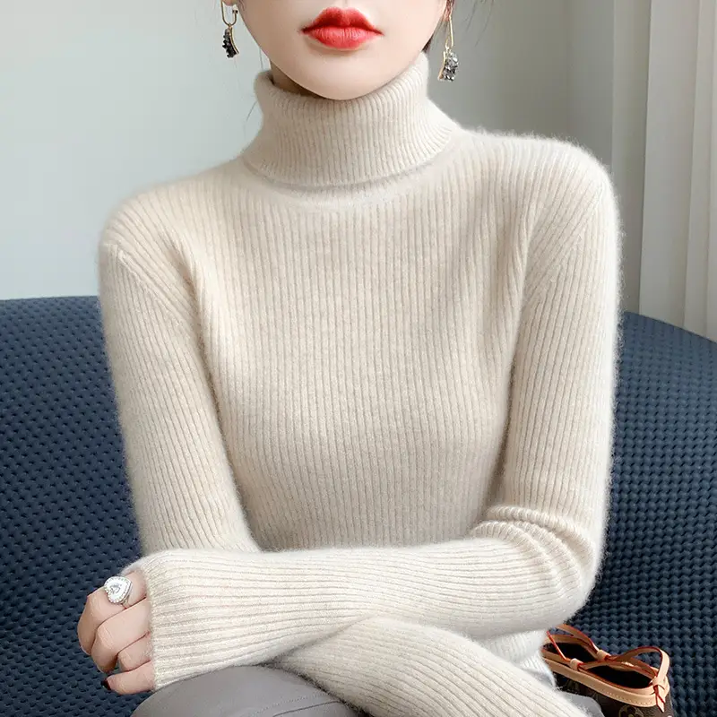 Women's New High Neck Knitted Sweater Grey Solid Color - Image 26
